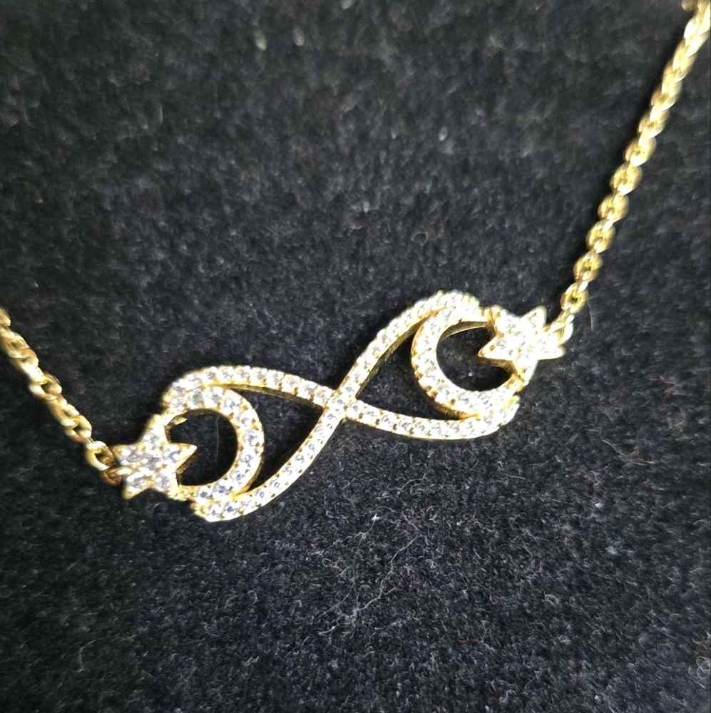 White Sapphire Sterling & Gold Infinity Crescent Moon & Star Bracelet 8" - Picture 3 of 10